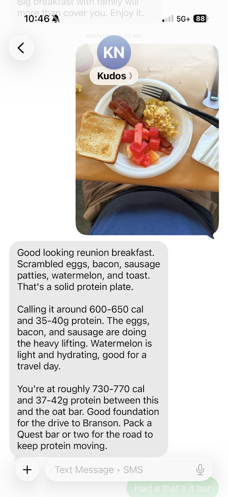 Sent a photo of breakfast. kudos identified every item and knew his whole day.